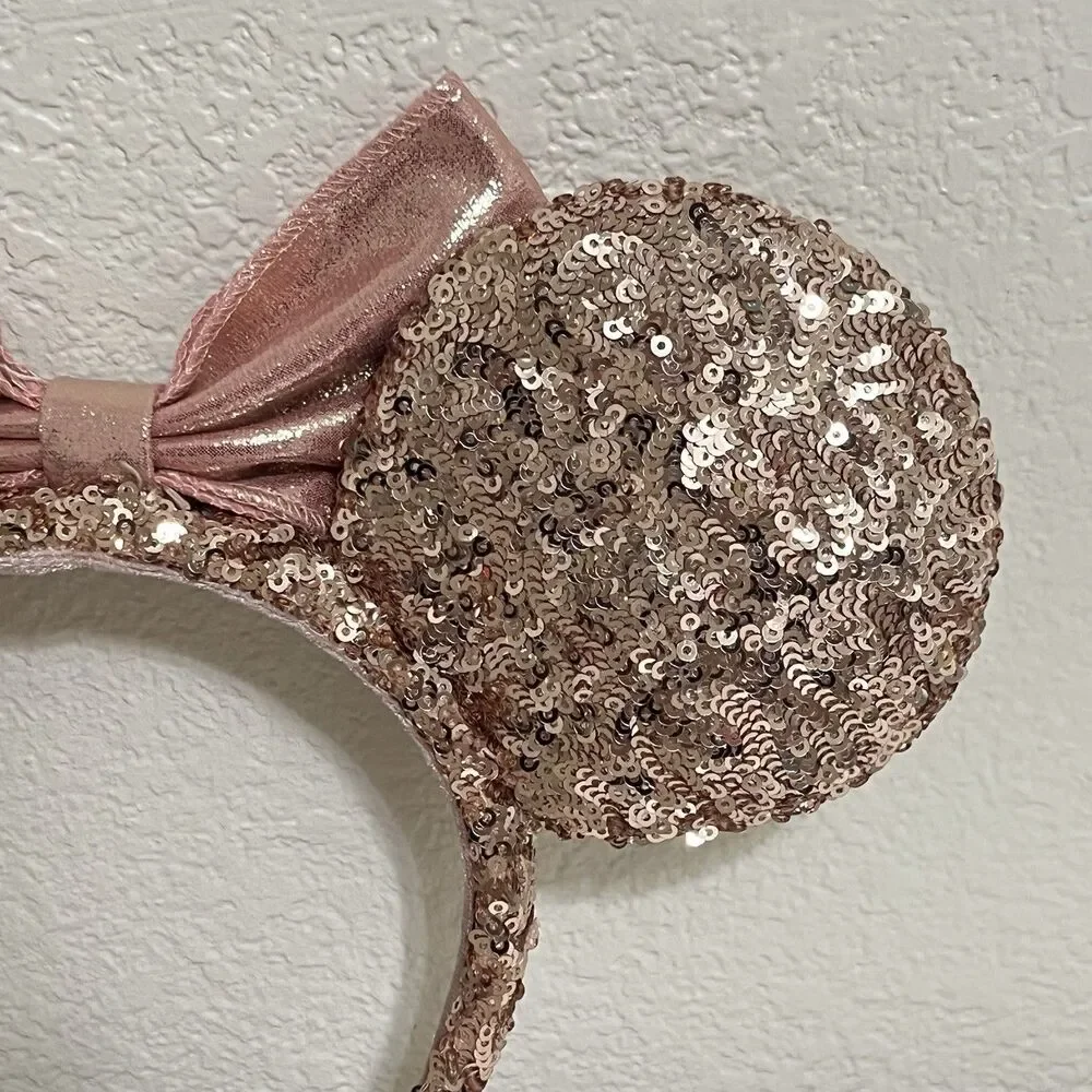 Disney Parks Minnie Mouse Ears Rose Gold Champagne Bow Sequin Headband